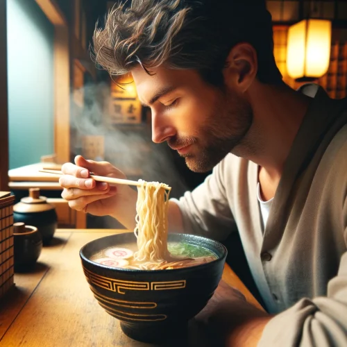 男性がラーメンを食べている